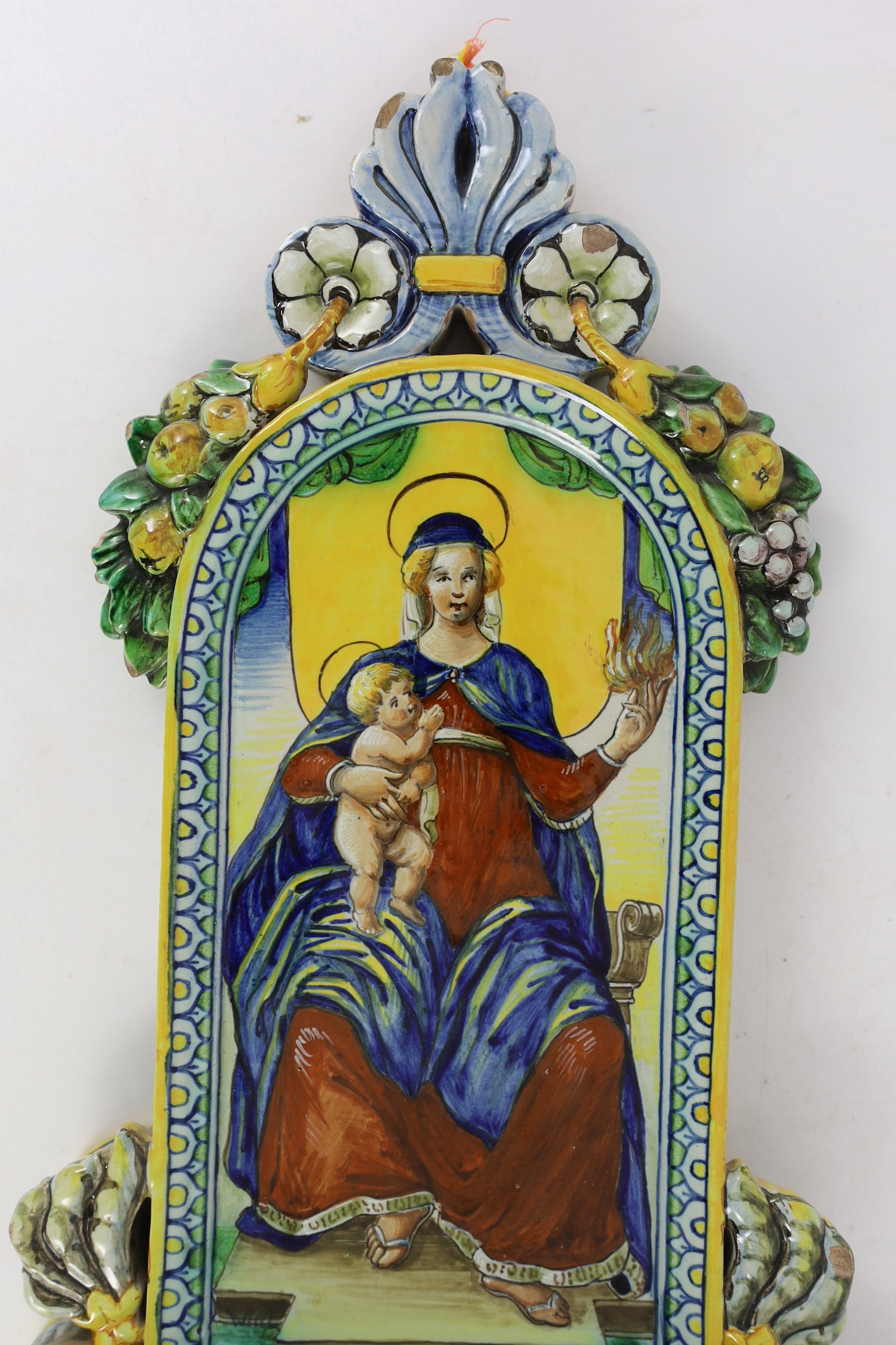 A Cantagalli maiolica holy water stoop, late 19th century/early 20th century, 49 cm high